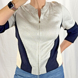 St John SoCa Womens Full Zip Colorblock Sweater Jacket Size M Wool 3/4 Sleeve